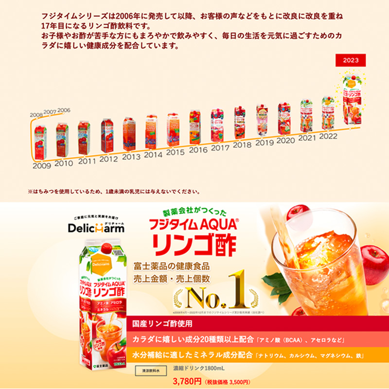 りんご酢 フジタイムAQUA 2023 1800mL 2本セット 富士薬品 リンゴ酢 